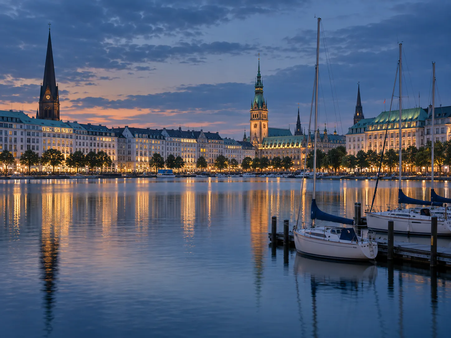 Hamburger Binnenalster mit Rathaus zur blauen Stunde
