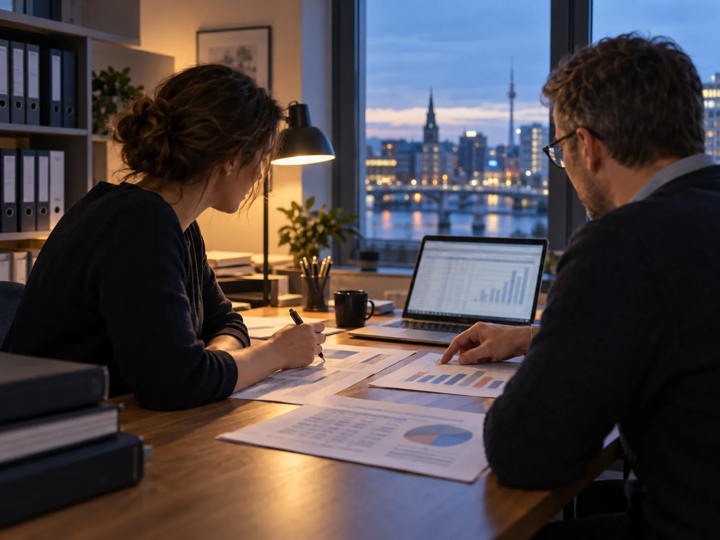 Arbeitssitzung mit ausgedruckten Haushaltsberichten in einer Verwaltung